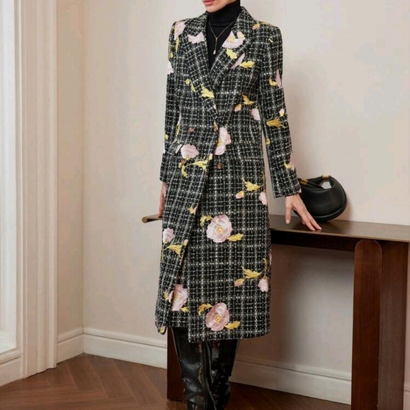 TWEED EMBROIDERY FLORAL PATTERN PLAID PEAK COLLAR PEA OVERCOAT - Picture 1 of 5